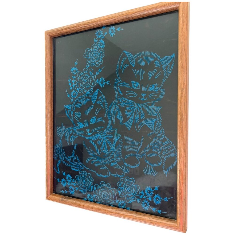 Vtg 1970s Embroidered Kittens Wall Art Framed Blue Crewel Stitch Black Fabric - Picture 12 of 14